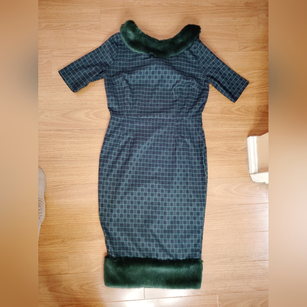 Collectif Green Checkered Dress with Faux Fur Trim